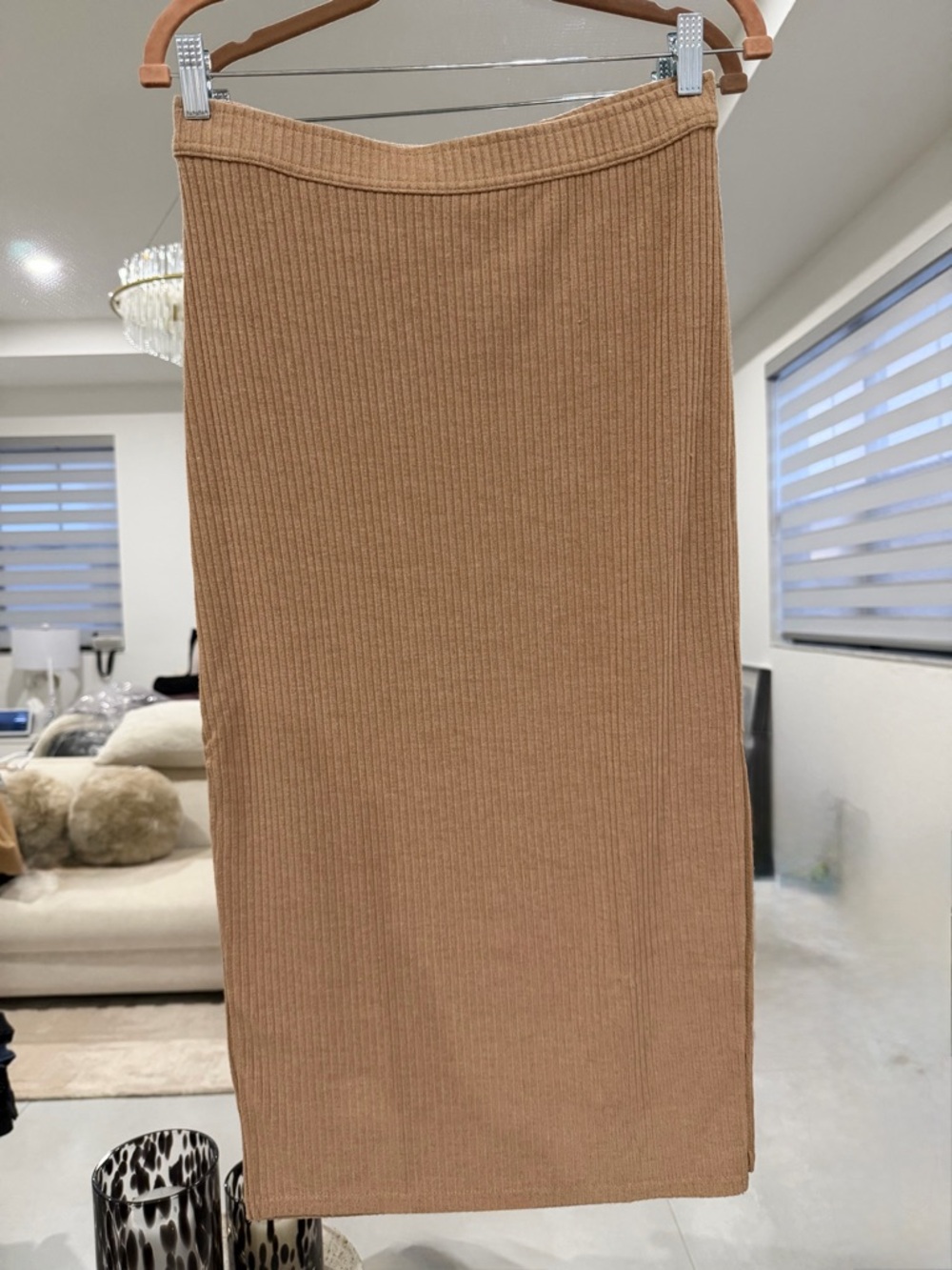 Abercrombie & Fitch Ribbed Midi Skirt in Camel